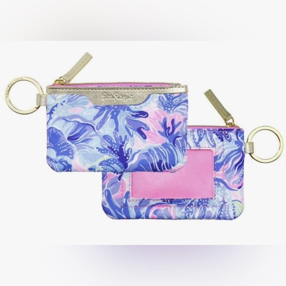 New LILLY PULITZER ID Case Keychain Wallet SHADE SEEKERS Shell Pattern Blue Gold